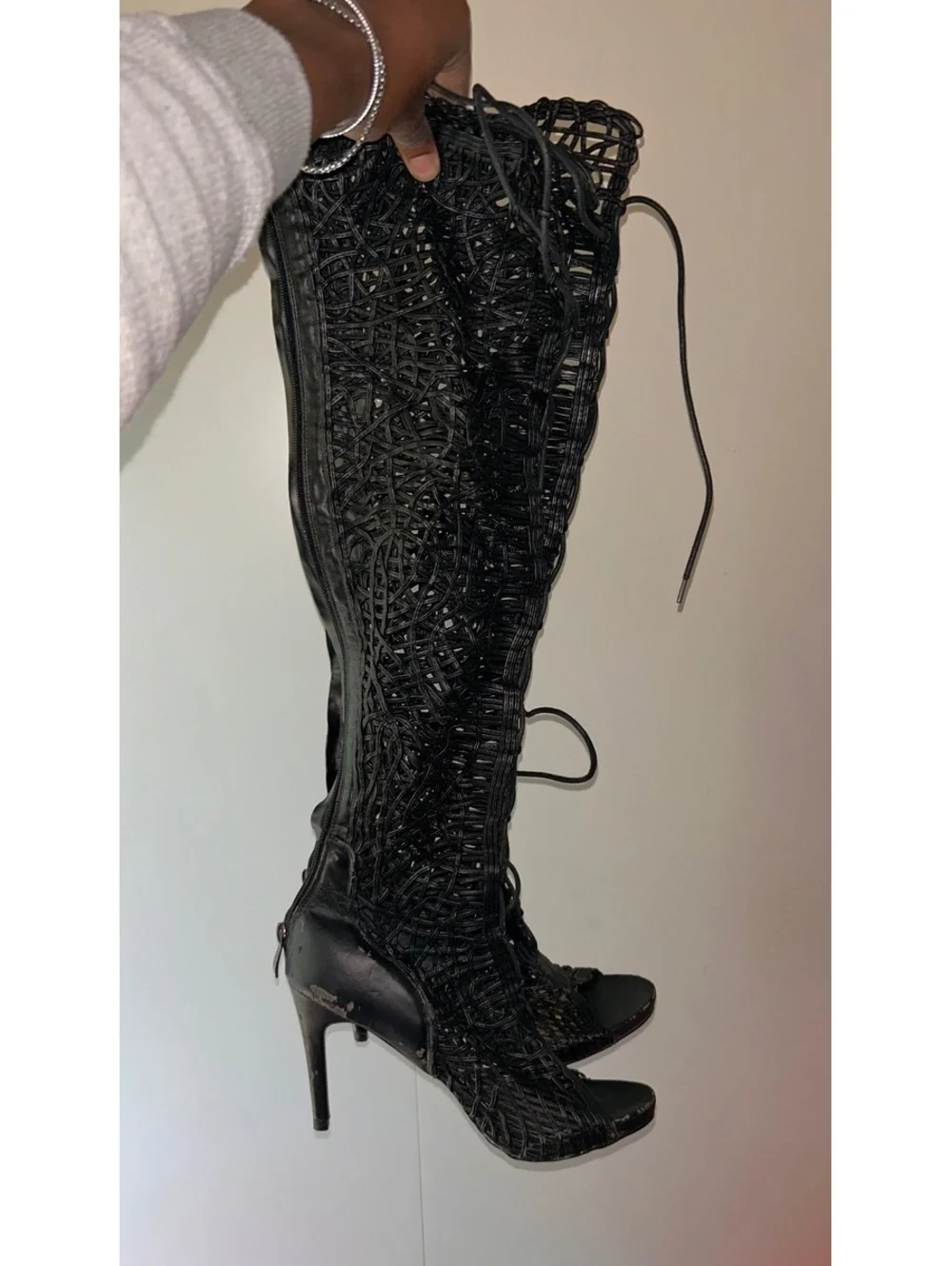 Black Lace-Up Knee-High Stiletto Boots